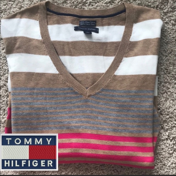 Tommy Hilfiger Sweaters - Tommy Hilfiger Brown and Pink V-Neck Sweater